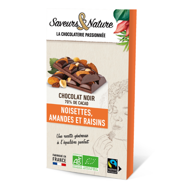 Saveurs & Nature -- Tablette de chocolat noir bio 70% de cacao minimum amandes, noisettes et raisins secs - 80 g