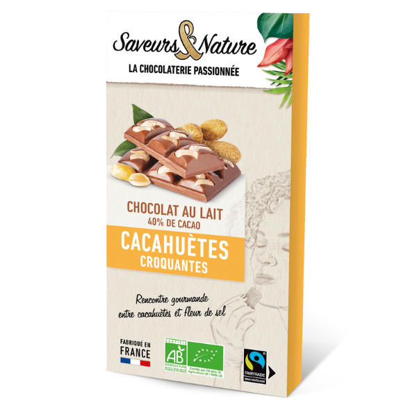 Saveurs & Nature -- Tablette de chocolat au lait bio 40% de cacao minimum à la fleur de sel de noirmoutier cacahuètes - 80 g